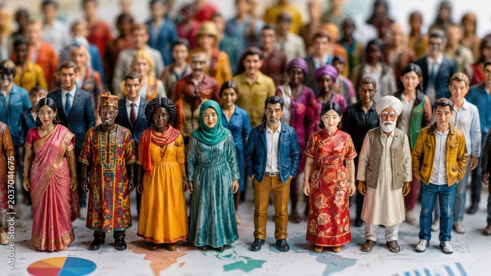 Fototapeta premium Multicultural group standing together on world map