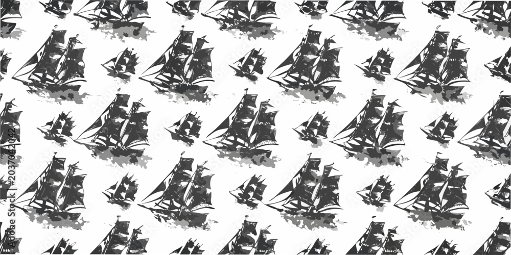 Photography Sailing ship pattern grayscale vector illustration on a white background