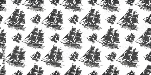 Quadro em tela Sailing ship pattern grayscale vector illustration on a white background