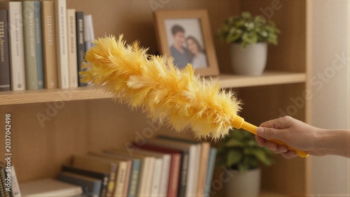 Yellow feather duster held by hand near bookshelves with framed photo