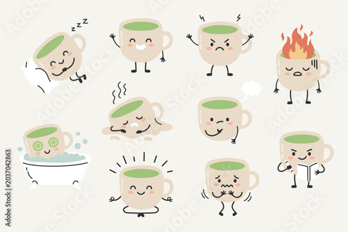 Cute matcha cup mascot character set with different emotions and activities. Hand drawn doodle style illustration. Wellness, mental health, self care concept. Cozy kawaii vector isolated set.