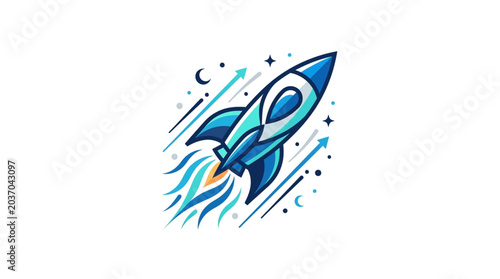 Fotografía Blue rocket ship blasting off into starry sky with motion lines.