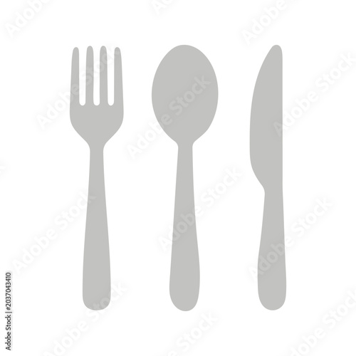 Flat cutlery set illustration with fork, spoon and knife. Dining utensils isolated. Minimal modern picnic element.