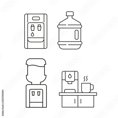 Clean water cooler and dispenser line icons. Set of outline office beverage and coffee machine symbols.