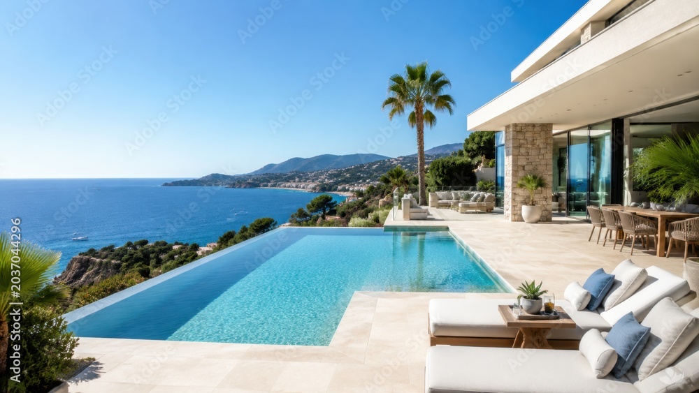 Fototapeta premium Modern villa terrace overlooking infinity pool and ocean