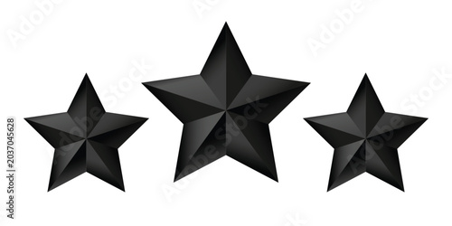 Three black stars rating rating set in 3D style. Clean geometric star icons representing review, feedback, quality and ranking. Isolated on transparent background, perfect for UI design, apps, website