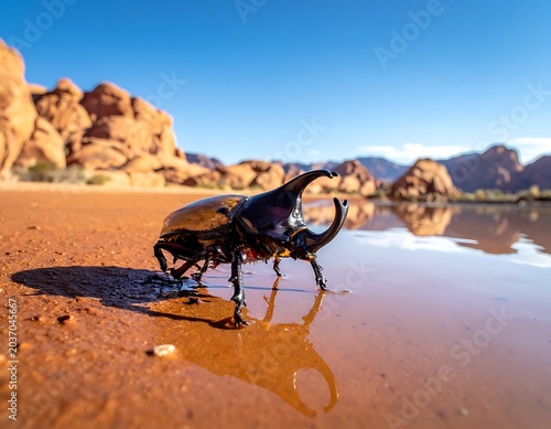 Large black beetle on desert lake.