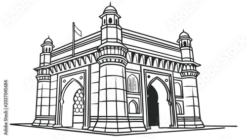 Vector illustration of a traditional indian historical monument gatehouse architecture with architecture