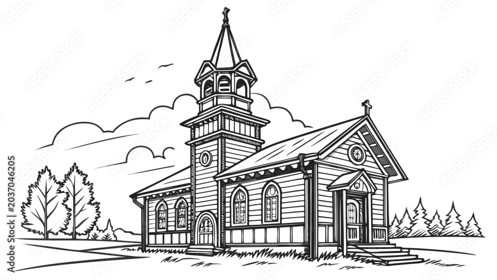 Fototapeta premium Vector illustration of a small traditional wooden church building in a rural landscape with building, exterior