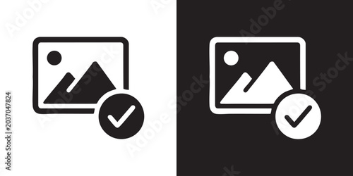 Tableau sur toile Minimalist Icon of Verified Image with Mountain Landscape and Checkmark Badge -