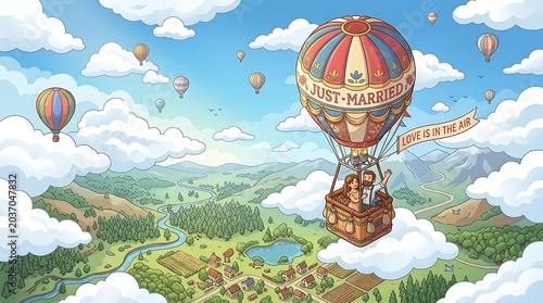 Just Married Couple in Hot Air Balloon Over Scenic Landscape, Love is in the Air