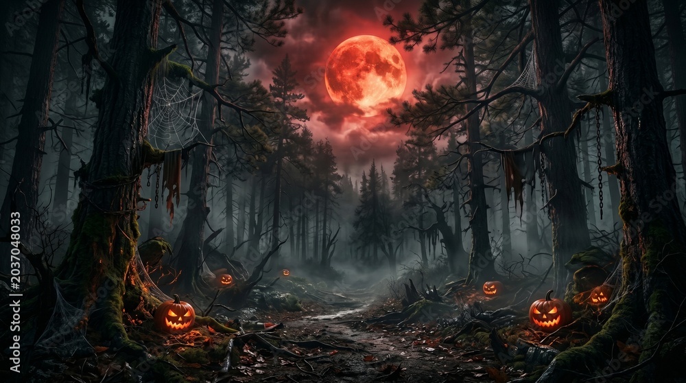 Fototapeta premium Spooky halloween night background forest jack o' lanterns and red moon