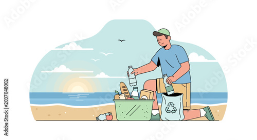 Man Recycling Plastic Bottles on Beach Eco Friendly Lifestyle Illustration