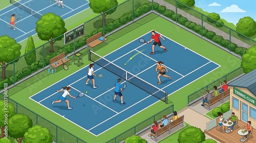 People Playing Tennis on Outdoor Courts, Tennis Club Scene, Isometric View