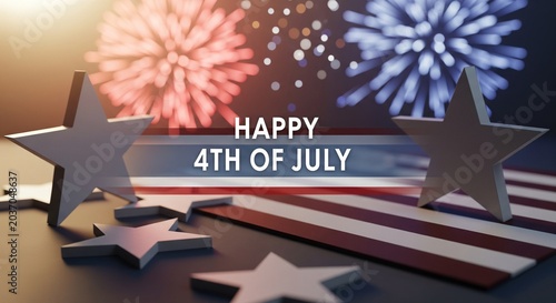 Happy 4th of July patriotic celebration with stars and fireworks display in red, white, and blue colors, symbolizing American Independence Day holiday festivities and national pride.