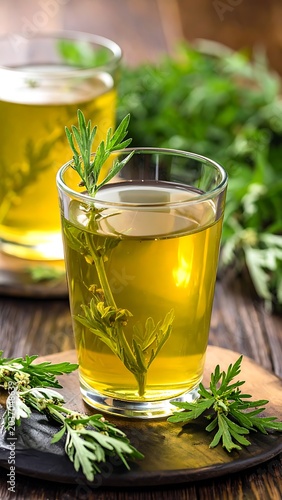 Herbal tea with fresh green leaves.
