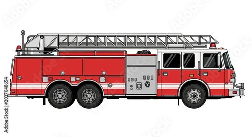 Red fire truck with ladder side view isolated illustration
