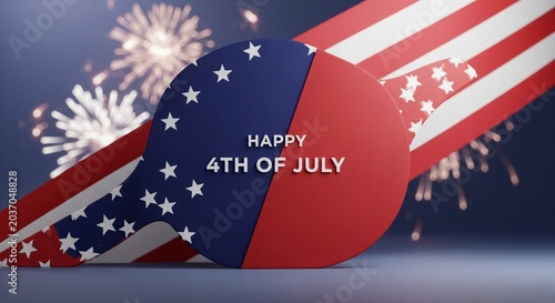 Happy 4th of July text on a circular emblem with American flag elements and fireworks in the background, patriotic celebration concept, 3D render