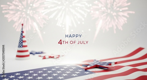 Happy 4th of July celebration with American flag elements, festive party hat, and fireworks display in a bright studio setting, symbolizing patriotism and national holiday.