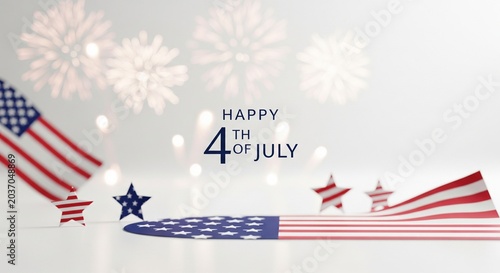 Happy 4th of July greeting with American flag elements, stars, and blurred fireworks in a clean studio setting with soft lighting and bokeh effects, celebrating Independence Day.