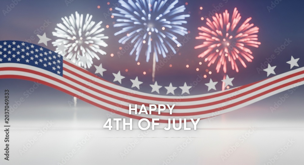Obraz premium Happy 4th of July text overlay with American flag waving and fireworks exploding in a patriotic celebration background with stars and stripes design