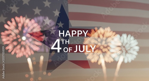Happy 4th of July text overlay on blurred American flag background with colorful fireworks and star graphic, celebrating Independence Day with festive celebration and patriotic holiday spirit.