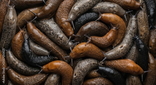 A dense pile of wet brown grey and black slugs with visible tentacles and textured bodies creating a natural organic pattern