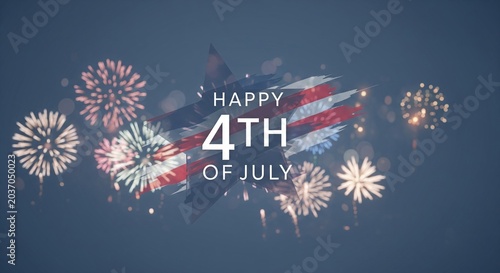 Happy 4th of July text overlay with abstract American flag brush strokes and blurred fireworks exploding in a dark blue night sky, festive celebration graphic