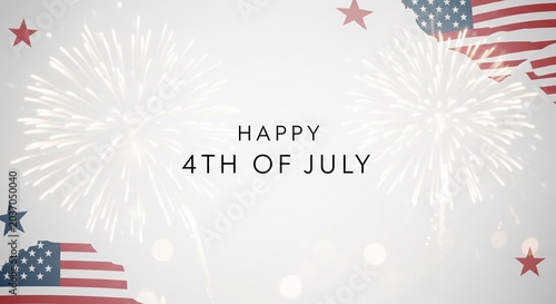 Happy 4th of July greeting with fireworks and American flag elements on a bright, celebratory background, perfect for Independence Day promotions and designs.