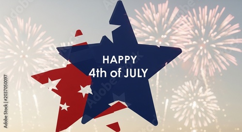 Happy 4th of July text overlay on red and blue stars with blurred fireworks background, patriotic celebration graphic design element, festive holiday greeting card concept