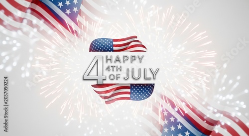 Happy 4th of July text with American flags and fireworks celebration graphic design on a bright white background with soft bokeh lights, patriotic holiday theme