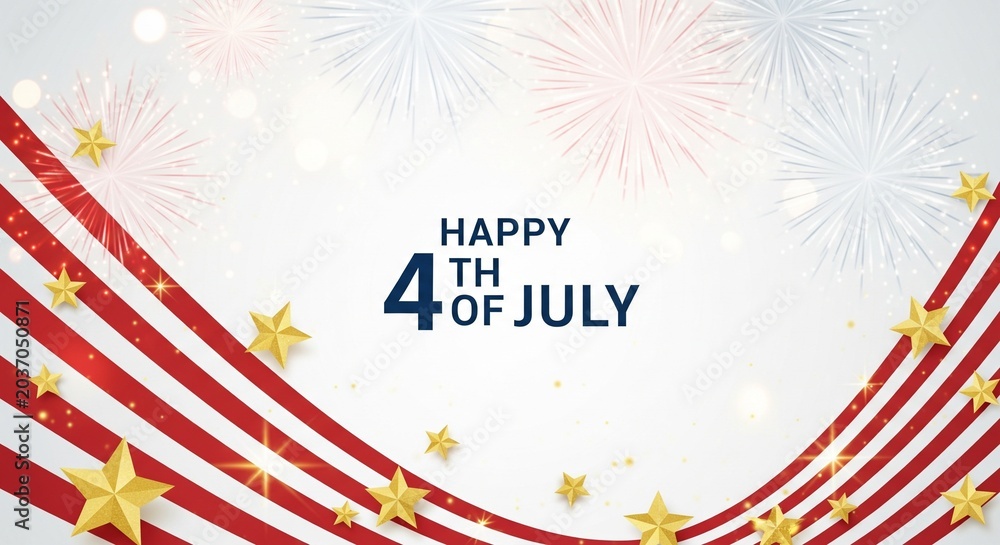Fototapeta premium Happy 4th of July greeting with red white stripes, gold stars, and fireworks illustration on a white background with bokeh lights, festive patriotic celebration concept