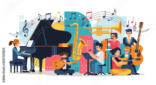 Musicians playing musical instruments creating vibrant music vector illustration