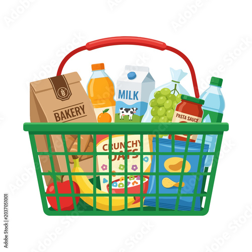 Fotografie Handheld Shopping Basket with Grocery Products