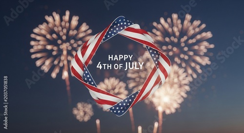 Abstract patriotic USA flag ribbon frame with Happy 4th of July text and blurred fireworks display in night sky, festive celebration concept, digital art