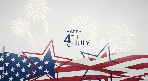 Happy 4th of July greeting with American flag elements, stars, and fireworks on a clean white background, patriotic celebration concept, digital art illustration