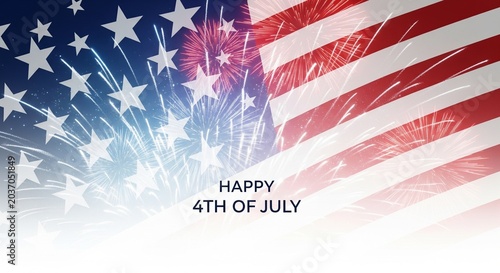 American flag with fireworks and stars overlay, celebrating Independence Day with text 