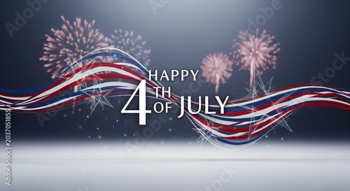 Happy Fourth of July celebration with fireworks and patriotic red white blue ribbon wave design on dark background with stars and bokeh lights, festive holiday graphic