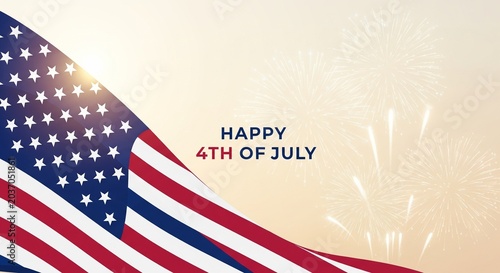 American flag waving with fireworks and text 