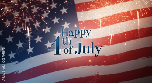 American flag with fireworks and text 