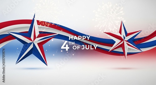 Patriotic American holiday graphic with red white and blue stars and wavy ribbons celebrating the Fourth of July with fireworks and sparkling lights in a festive celebratory design