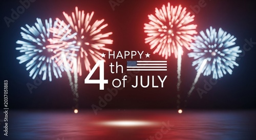 Happy 4th of July text with American flag and red and blue fireworks exploding in a dark night sky over a reflective surface, patriotic celebration concept