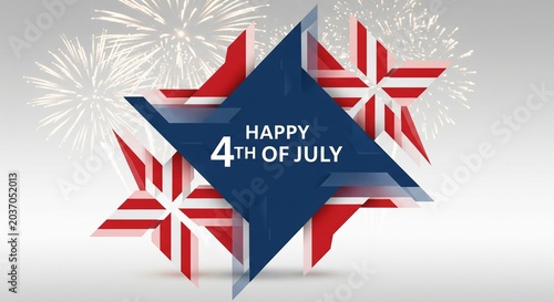 Happy 4th of July graphic with abstract stars and fireworks in red white and blue colors on a light gray background, patriotic celebration design
