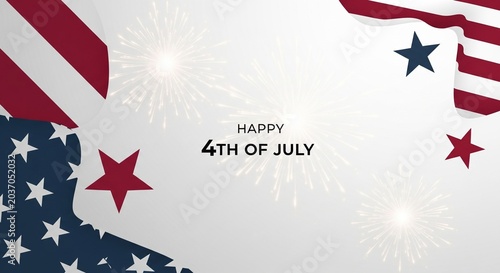 Happy 4th of July greeting with American flag elements and fireworks on a white background, patriotic celebration graphic design