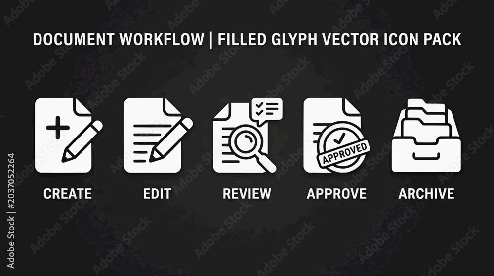 Obraz premium Document Workflow Icon Pack Create, Edit, Review, Approve, Archive