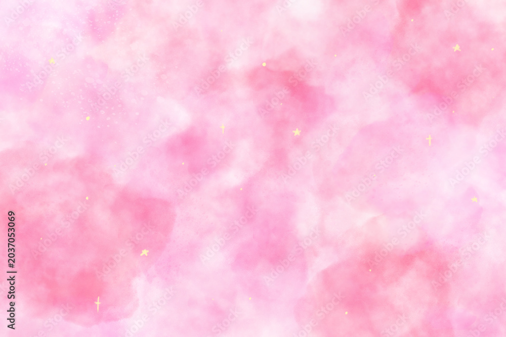 Fototapeta premium 水彩風淡いピンク背景テクスチャ・星ラメありのイラスト / Watercolor soft pastel pink background texture illustration with glitter stars illustration