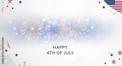 Happy 4th of July fireworks celebration with American flag elements and stars on a bright white background, festive holiday graphic design with bokeh lights and celebratory explosions, patriotic theme