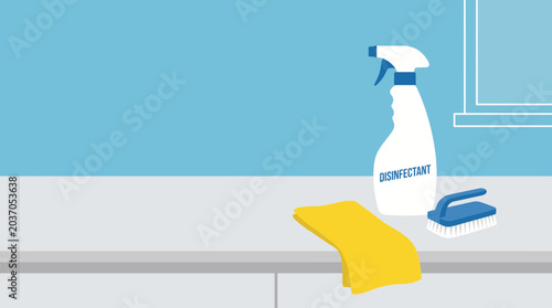 Obraz na płótnie Clean and Sanitized Kitchen Counter with Disinfection Spray Bottle