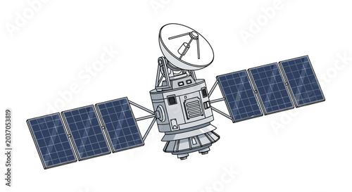 Satellite illustration with solar panels and antenna isolated on white background