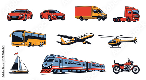 Transportation vehicles set cars trucks bus airplane helicopter sailboat train